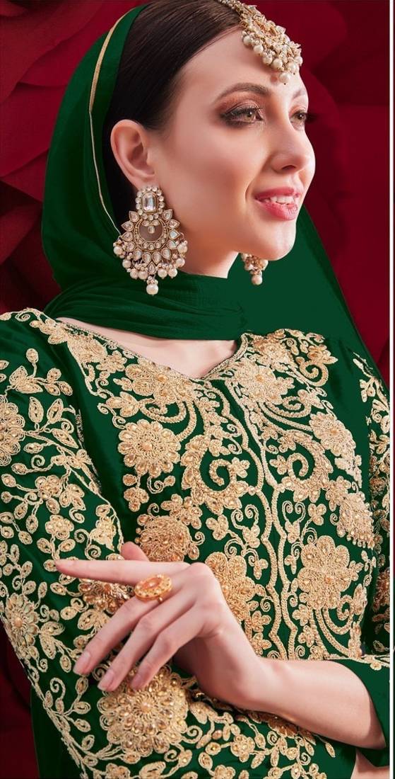  embroidered long Indian green anarkali salwar suit in georgette for wedding party wear
