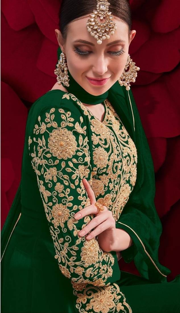  embroidered long Indian green anarkali salwar suit in georgette for wedding party wear