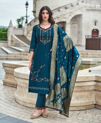  teal blue viscose silk floral embroidered straight kurta with pant & jacquard dupatta 1