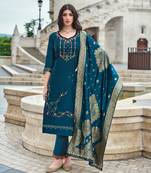  teal blue viscose silk floral embroidered straight kurta with pant & jacquard dupatta