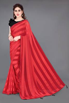 red georgette satin stripes plain pre draped saree piece 1