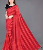 Red georgette satin stripes plain ready to wear saree with unstitched blouse piece