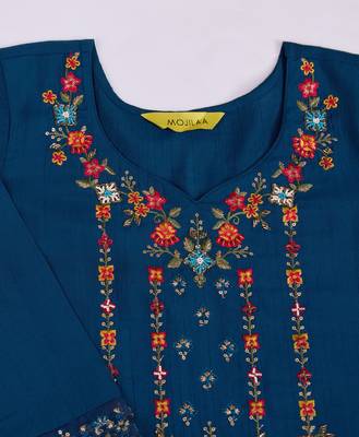  teal blue viscose silk floral embroidered straight kurta with pant & jacquard dupatta 2