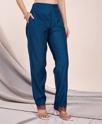  teal blue viscose silk floral embroidered straight kurta with pant & jacquard dupatta 3