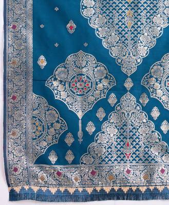  teal blue viscose silk floral embroidered straight kurta with pant & jacquard dupatta 4