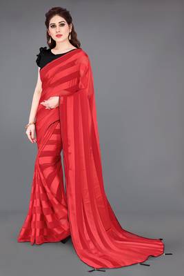 red georgette satin stripes plain pre draped saree piece 2