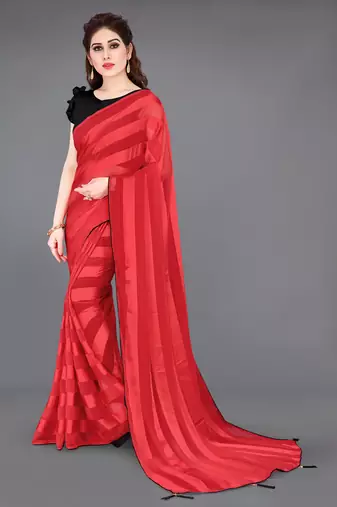 red georgette satin stripes plain pre draped saree piece