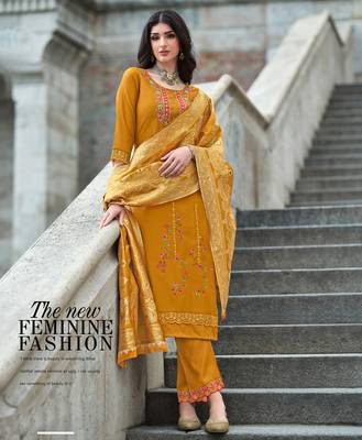  mustard viscose silk floral embroidered straight kurta with pant & jacquard dupatta 1