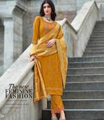  mustard viscose silk floral embroidered straight kurta with pant & jacquard dupatta