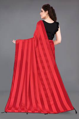 red georgette satin stripes plain pre draped saree piece 3