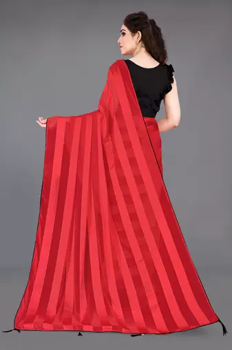 red georgette satin stripes plain pre draped saree piece
