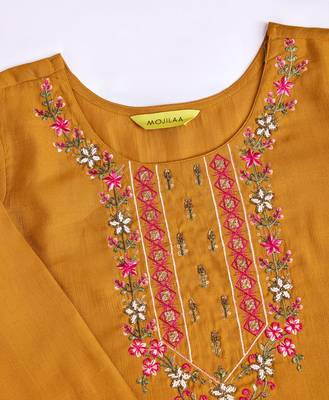  mustard viscose silk floral embroidered straight kurta with pant & jacquard dupatta 2