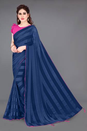 Navy blue georgette satin stripes plain ready to wear saree with unstitched blouse piece