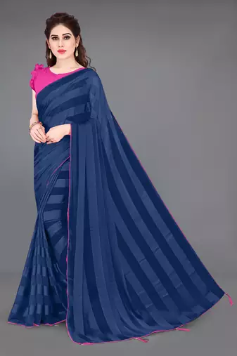 Navy blue georgette satin stripes plain ready to wear saree with unstitched blouse piece