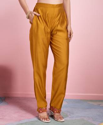  mustard viscose silk floral embroidered straight kurta with pant & jacquard dupatta 3