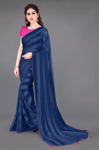 navy blue georgette satin stripes plain ready made saree piece