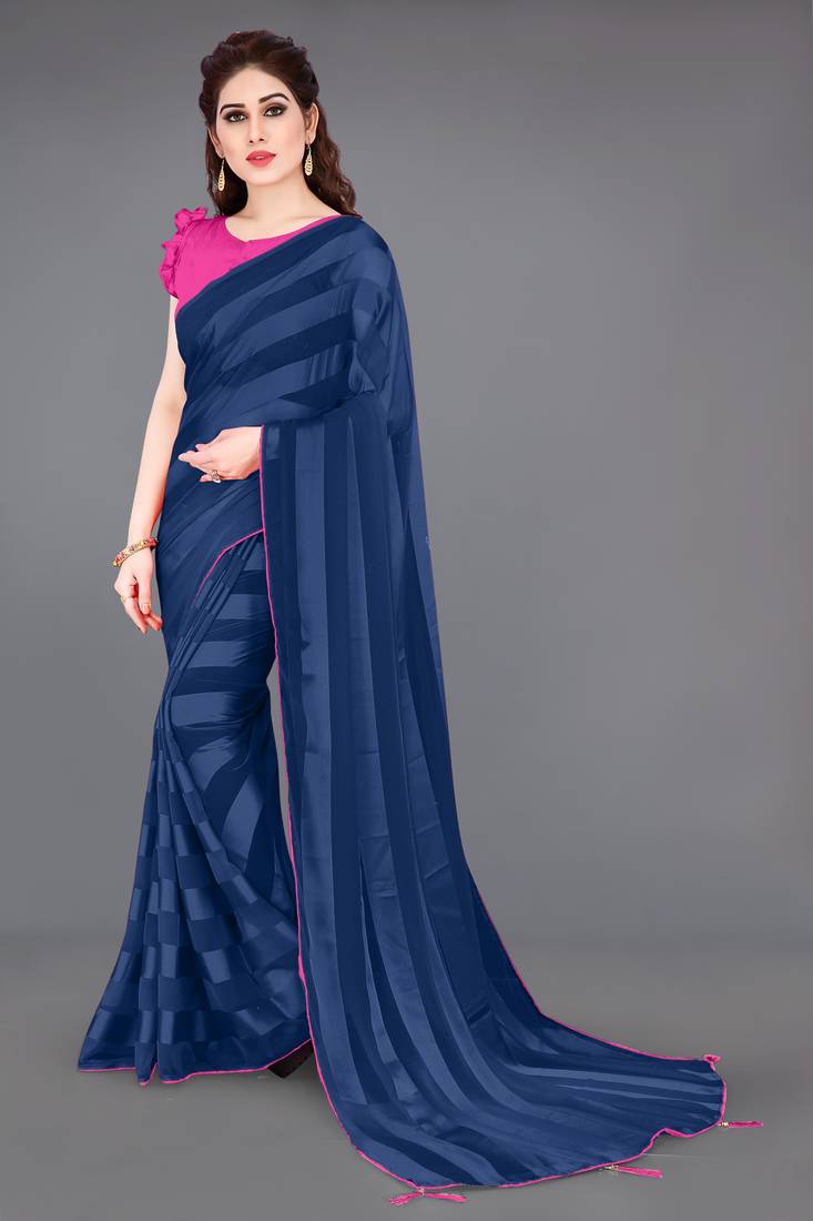 Navy blue georgette satin stripes plain ready to wear saree with unstitched blouse piece