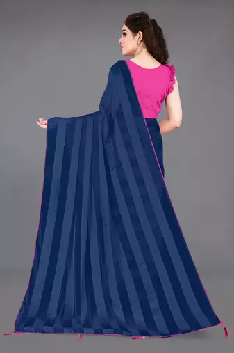 navy blue georgette satin stripes plain ready made saree piece