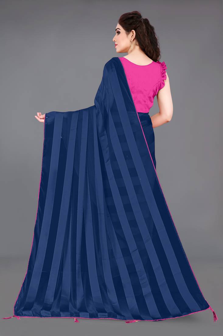 Navy blue georgette satin stripes plain ready to wear saree with unstitched blouse piece