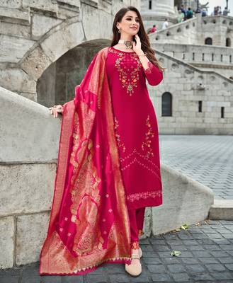  pink viscose silk floral embroidered straight kurta with pant & jacquard dupatta 1