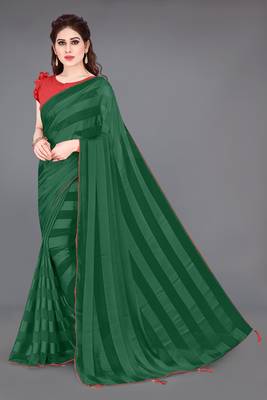 green georgette satin stripes plain pre-stitched saree piece 1