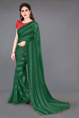 green georgette satin stripes plain pre-stitched saree piece 2