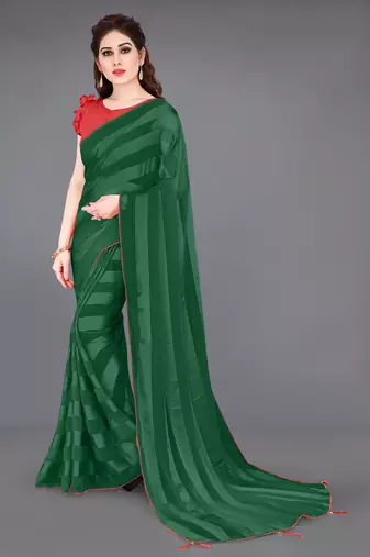 green georgette satin stripes plain pre-stitched saree piece