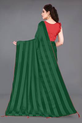 green georgette satin stripes plain pre-stitched saree piece 3