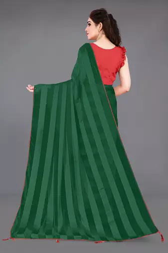 green georgette satin stripes plain pre-stitched saree piece