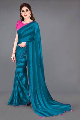 ready to wear rama blue georgette satin stripes plain saree piece 1