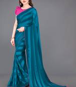 ready to wear rama blue georgette satin stripes plain saree with unstitched blouse piece