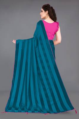ready to wear rama blue georgette satin stripes plain saree piece 2