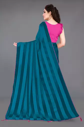ready to wear rama blue georgette satin stripes plain saree piece