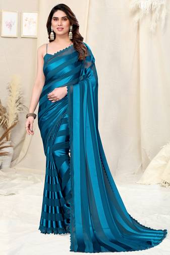 Rama Blue Georgette Plain/Satin Stripes Lace/Stone Border Ready To Wear Saree With Unstitched Blouse Piece