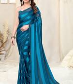 Rama Blue Georgette Plain/Satin Stripes Lace/Stone Border Ready To Wear Saree With Unstitched Blouse Piece