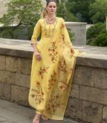  yellow viscose silk floral embroidered straight kurta with pant & dupatta