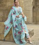  sky blue viscose silk floral embroidered straight kurta with pant & dupatta