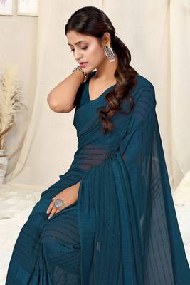 dark rama blue georgette plain/zari work satin woven border ready made saree piece 1