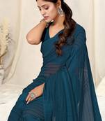 Dark rama blue georgette plain/zari work satin woven border ready to wear saree with unstitched blouse piece