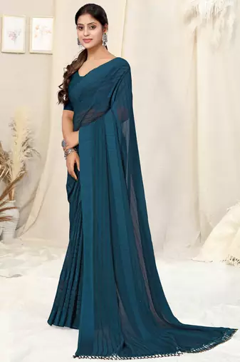 dark rama blue georgette plain/zari work satin woven border ready made saree piece