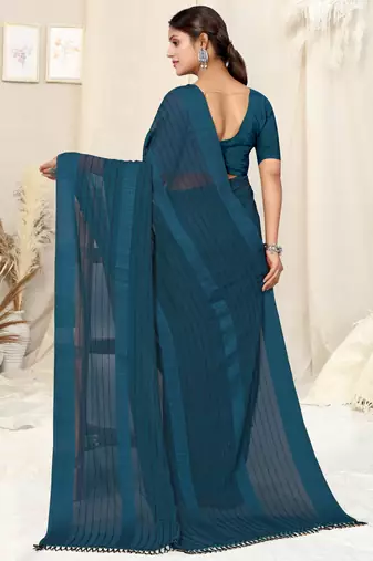 dark rama blue georgette plain/zari work satin woven border ready made saree piece