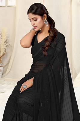 black georgette plain/zari work satin woven border pre-stitched saree piece 1