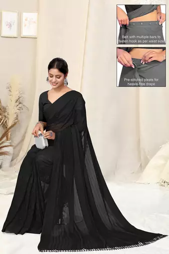 Black Georgette Plain/Zari Work Satin Woven Border Ready To Wear Saree With Unstitched Blouse Piece