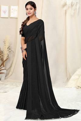 black georgette plain/zari work satin woven border pre-stitched saree piece 4