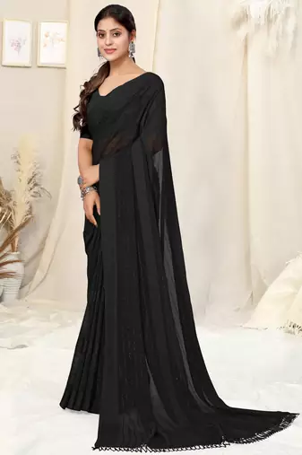Black Georgette Plain/Zari Work Satin Woven Border Ready To Wear Saree With Unstitched Blouse Piece