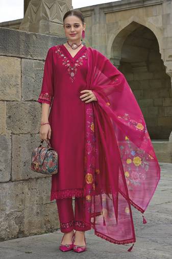  pink viscose silk floral embroidered straight kurta with pant & dupatta
