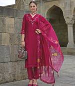  pink viscose silk floral embroidered straight kurta with pant & dupatta