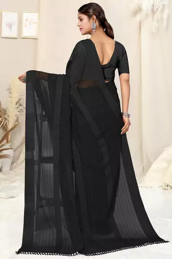 Black Georgette Plain/Zari Work Satin Woven Border Ready To Wear Saree With Unstitched Blouse Piece