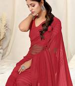 Red georgette plain/zari work satin woven border ready to wear saree with unstitched blouse piece