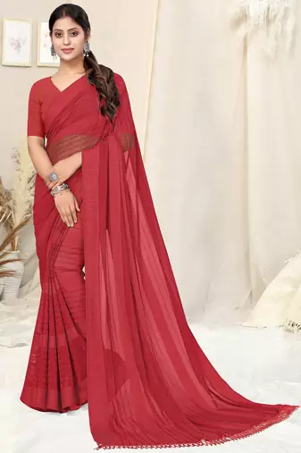 red georgette plain/zari work satin woven border ready to wear saree piece